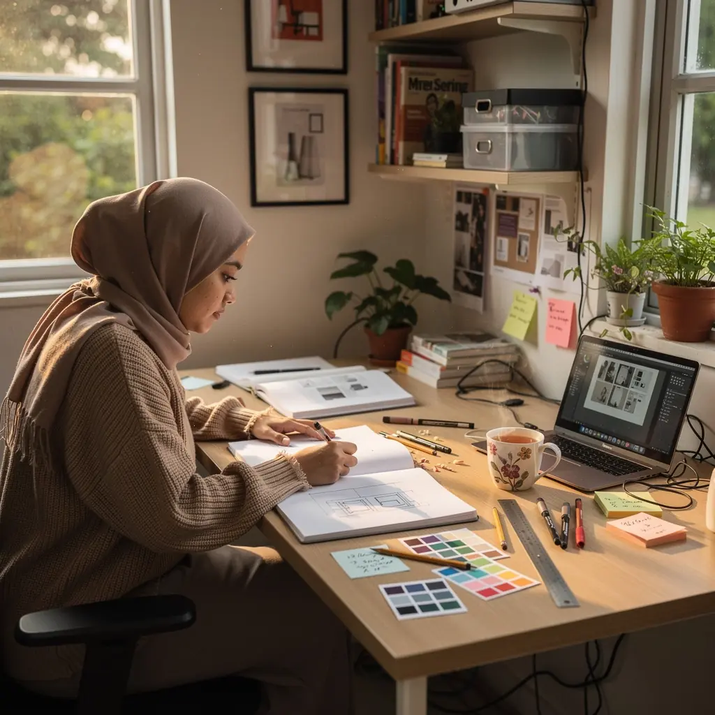 Close-up of a designer's hands working on a computer, creating a brochure layout for a client.