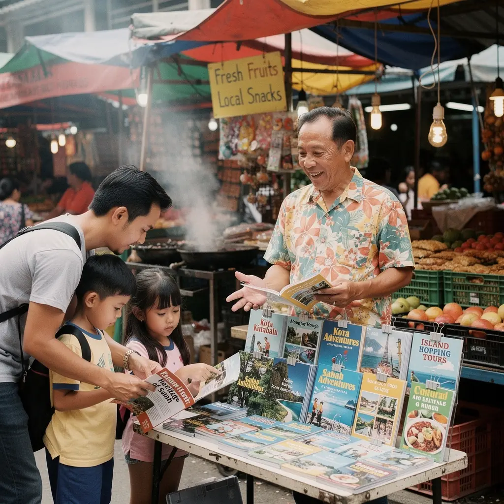 Image of a finished brochure spread open, highlighting various print design options available.