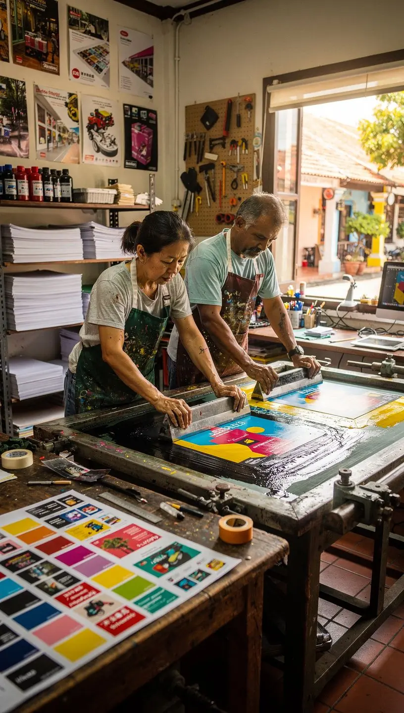 Team meeting in a creative studio discussing print design concepts and client requirements.