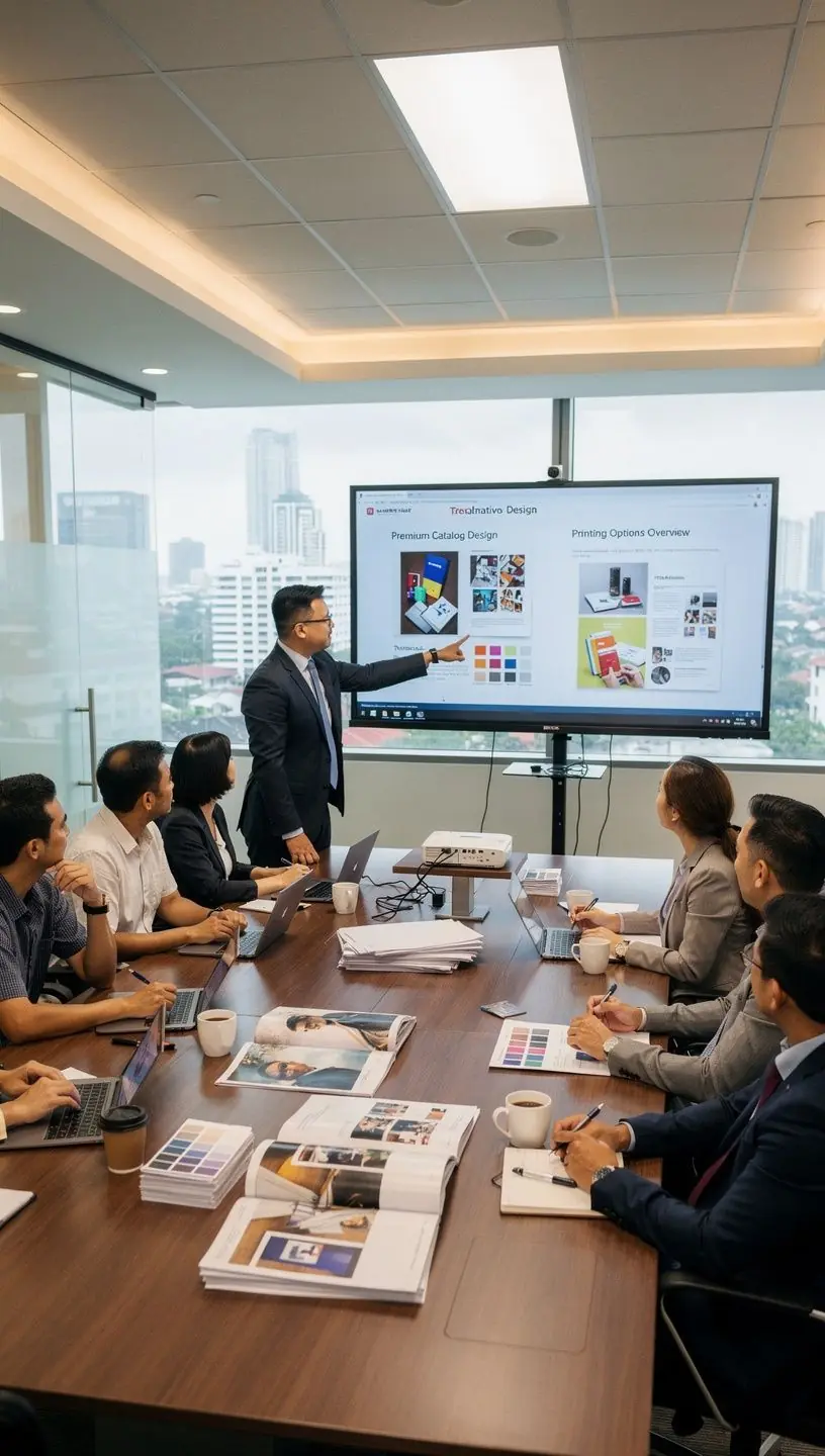 Sample catalog pages displayed on a table, illustrating diverse product offerings and print styles.
