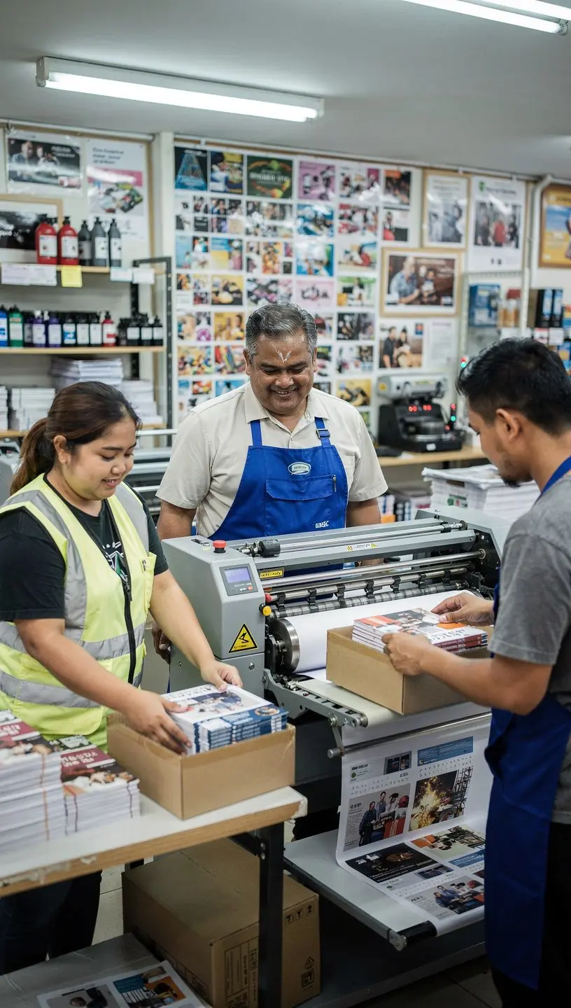 A team meeting where professionals discuss print coordination strategies for an upcoming product launch.