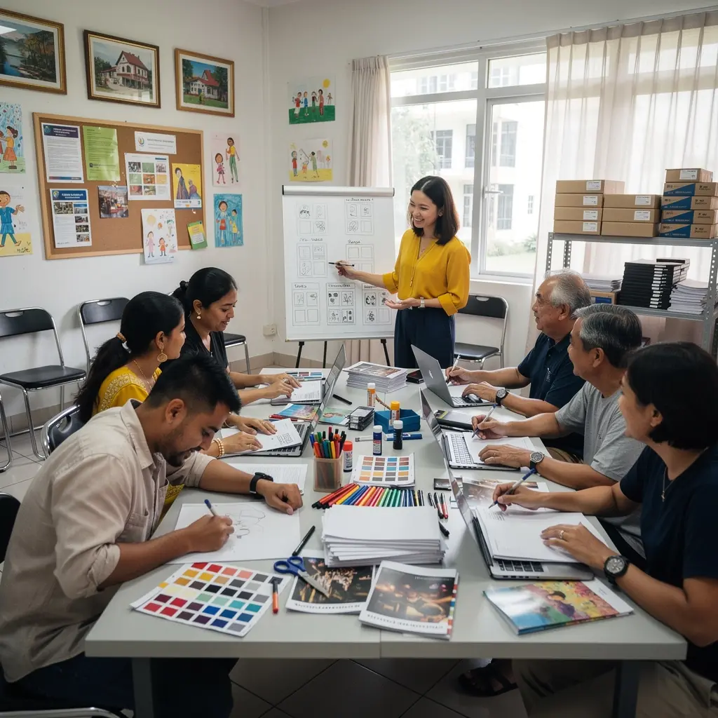 Colorful brochure showcasing print design services with eye-catching graphics and text.