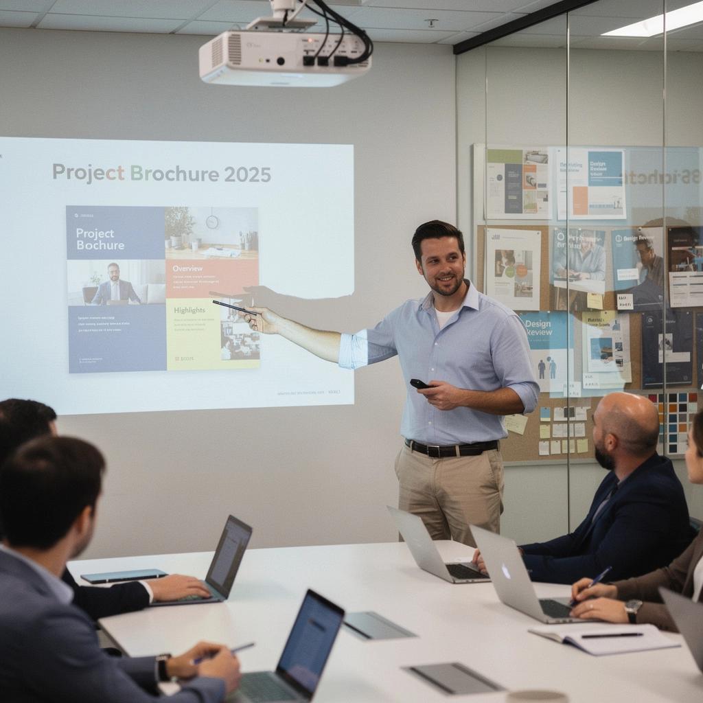 Team members collaborating on print design strategies in a modern office environment.